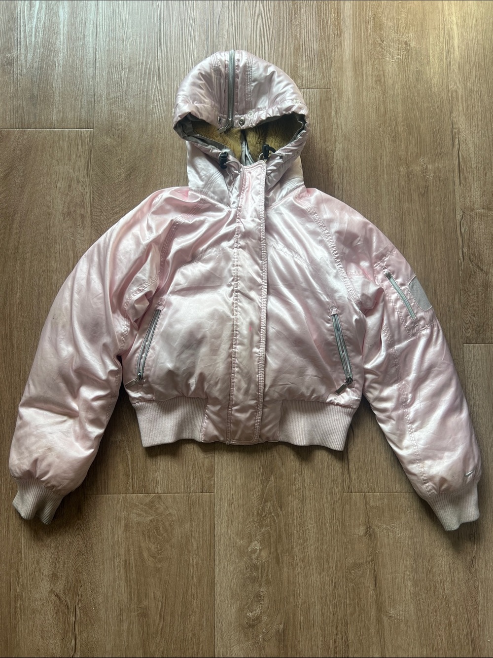 Nike Girls Pink Satin Winter Puffer Coat with Faux Fur Lined Hood Size S (4-6)